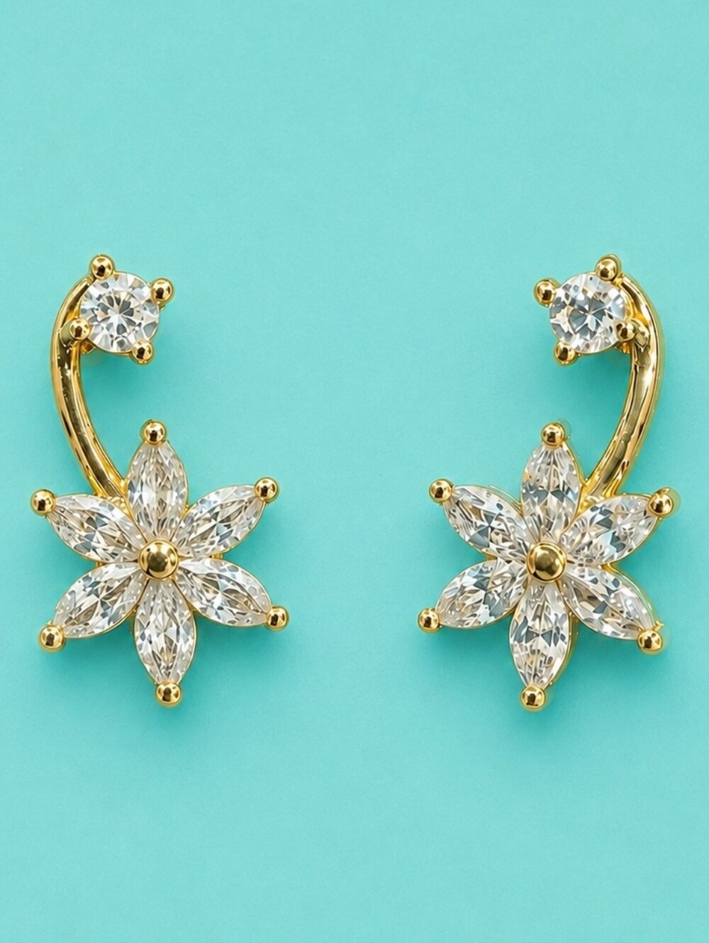 ✨️ Gold-tone Floral CZ Hanging Post Earrings - Elegant Women's Jewelry